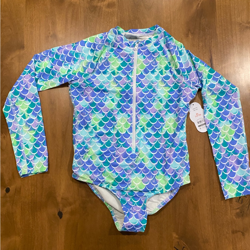 {NWT} Wonder Nation Mermaid Scale Zip Front LS Rashguard Swimsuit XL PLUS 14/16